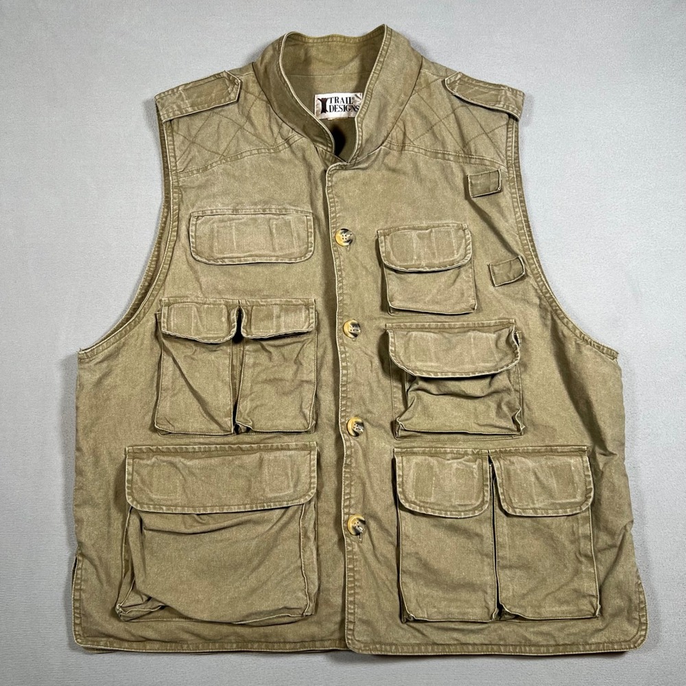Trail Designs Mens Khaki Cotton Fishing Safari Utility Vest Multi-Pocket Large